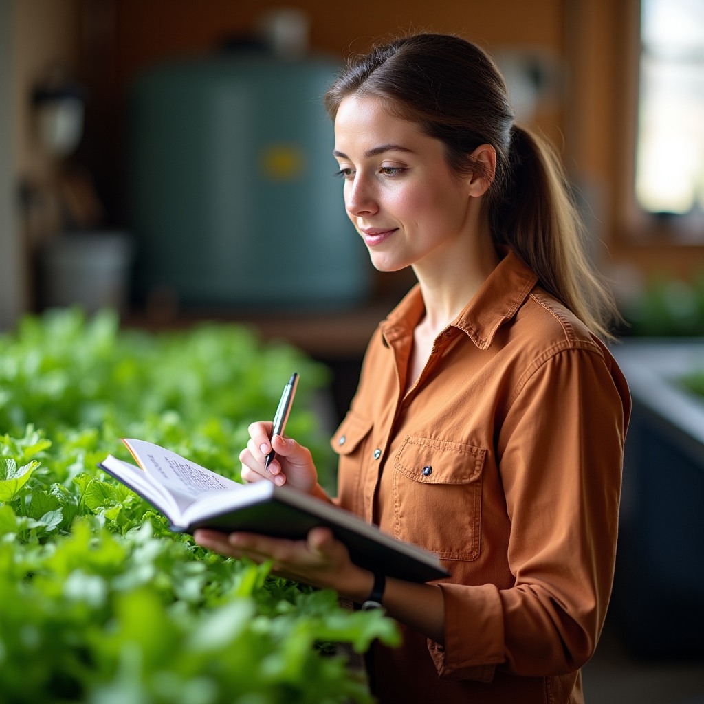 Marta recording water test results beside the grow bed