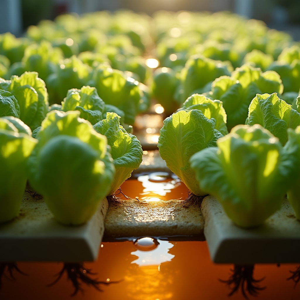 Butterhead lettuce heads growing in floating foam rafts on an aquaponic grow bed